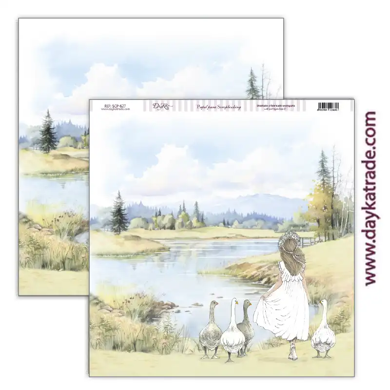 Papel scrap paisaje con niña de espaldas colección “En comunión con la naturaleza”niña 30,5x30,5cm SCP-627